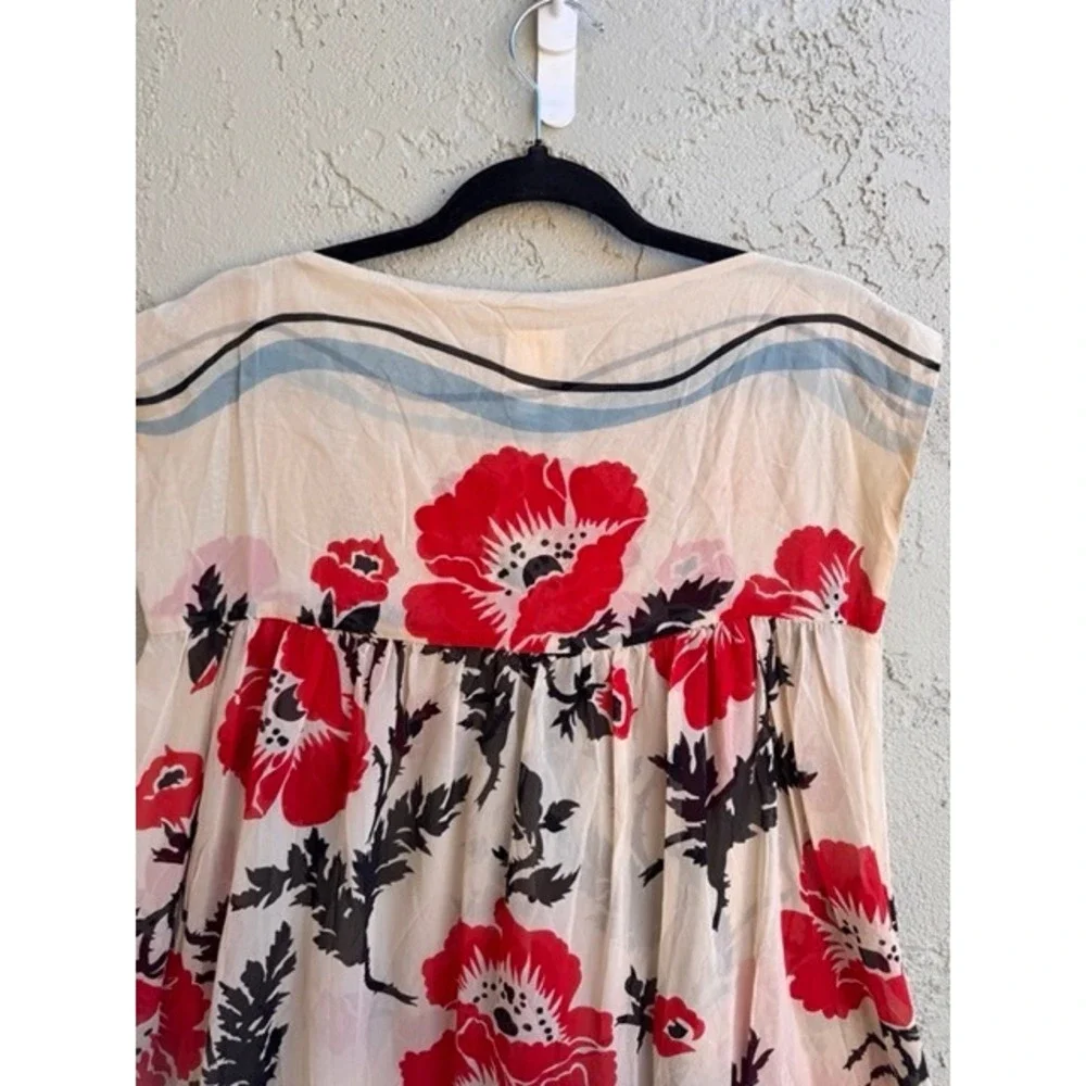 Anna Sui Cream Poppy Floral Sheer Sleeveless Shift Dress SMALL Designer Boho - Picture 6 of 9